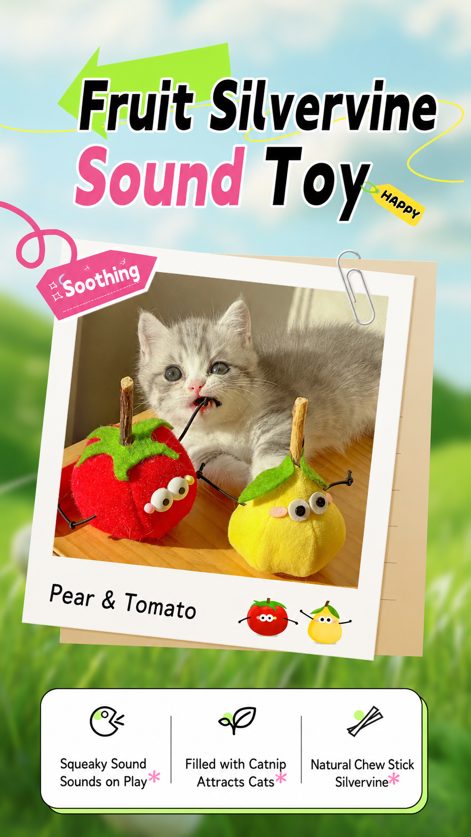 Squeaky Fruit Cat Toy with Silvervine Stick & Catnip – Tomato & Pear Plush Chew Toy