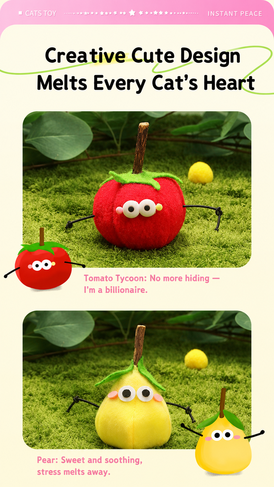 Squeaky Fruit Cat Toy with Silvervine Stick & Catnip – Tomato & Pear Plush Chew Toy