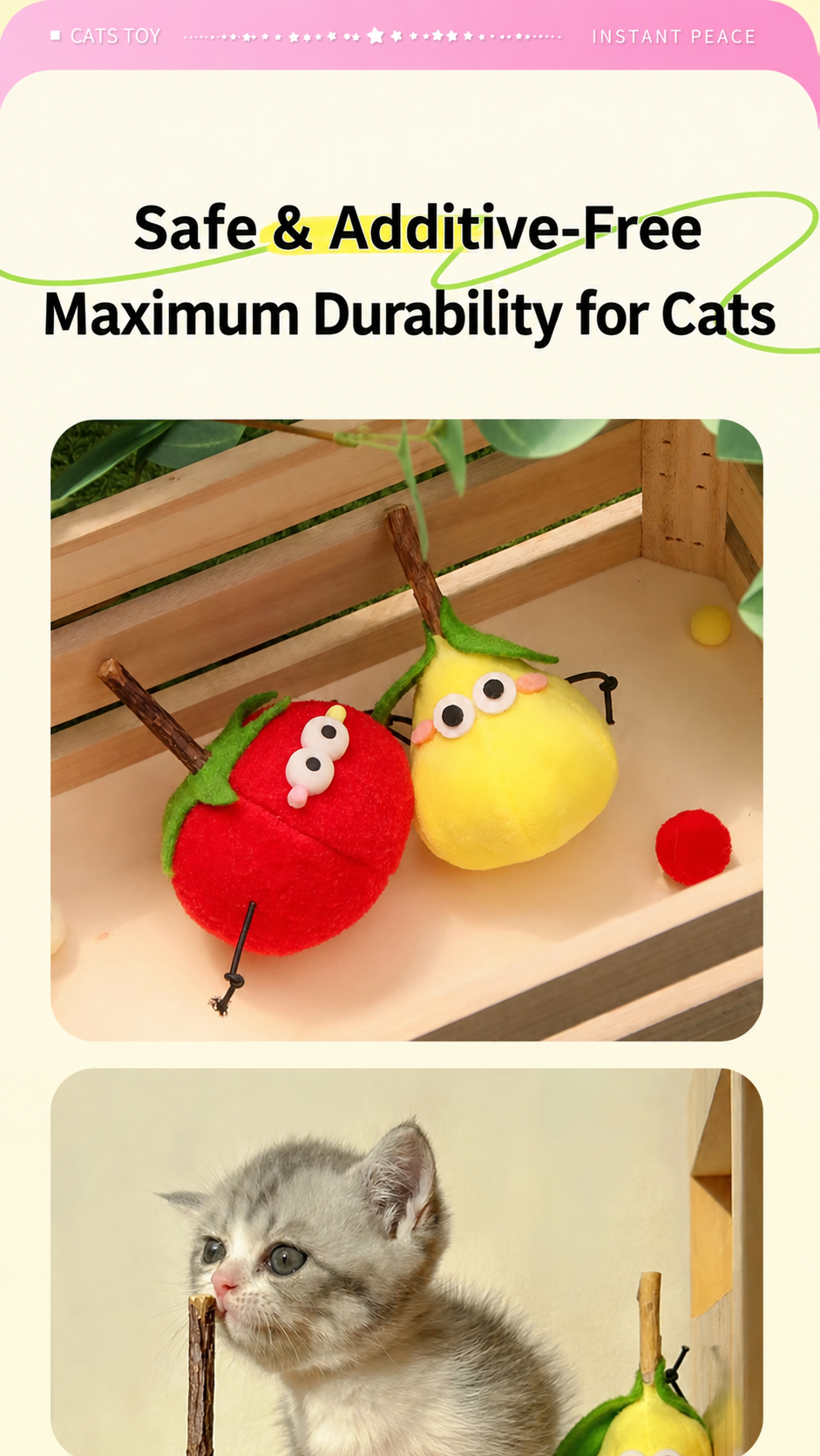 Squeaky Fruit Cat Toy with Silvervine Stick & Catnip – Tomato & Pear Plush Chew Toy