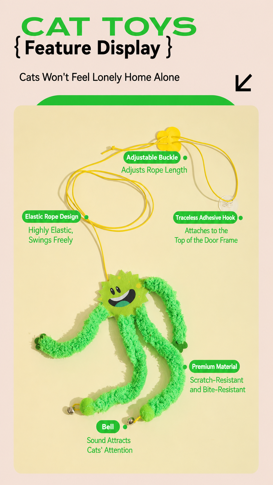 Bouncy Monster Hanging Cat Toy – Self-Play Door Frame Teaser with Bells