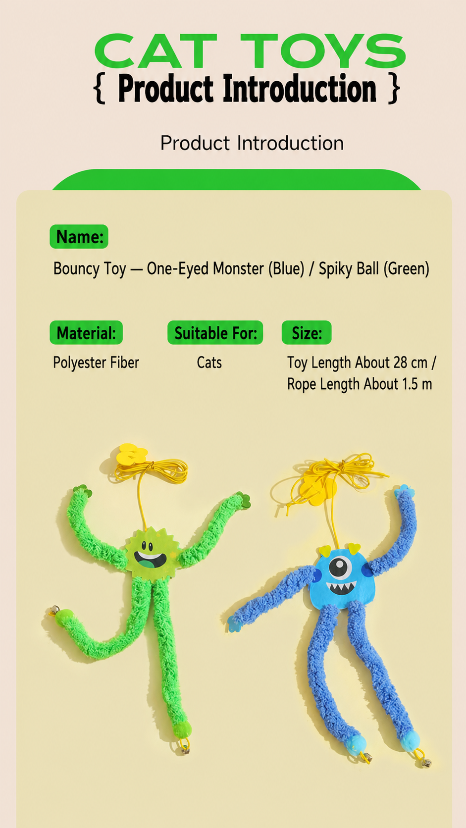Bouncy Monster Hanging Cat Toy – Self-Play Door Frame Teaser with Bells