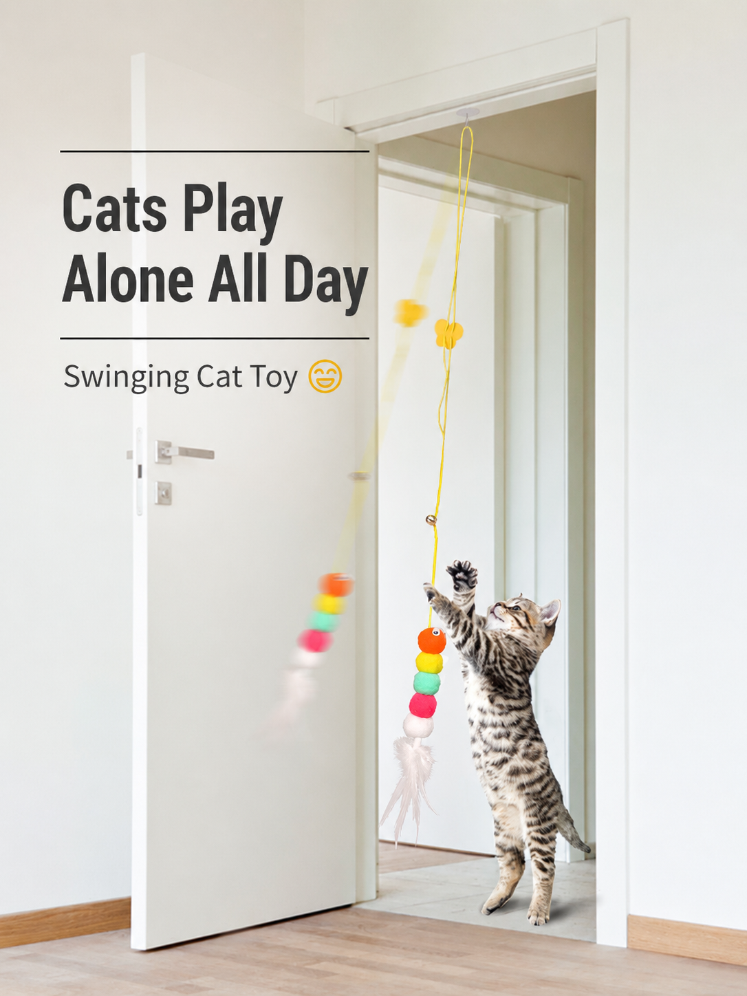 Hanging Door Cat Toy with Adjustable Elastic Cord – Self-Play Swing Teaser with Bell & Adhesive Hook