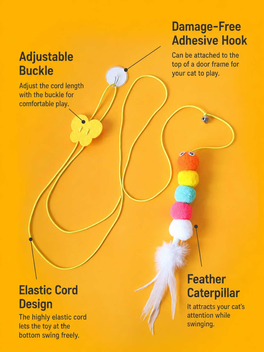 Hanging Door Cat Toy with Adjustable Elastic Cord – Self-Play Swing Teaser with Bell & Adhesive Hook