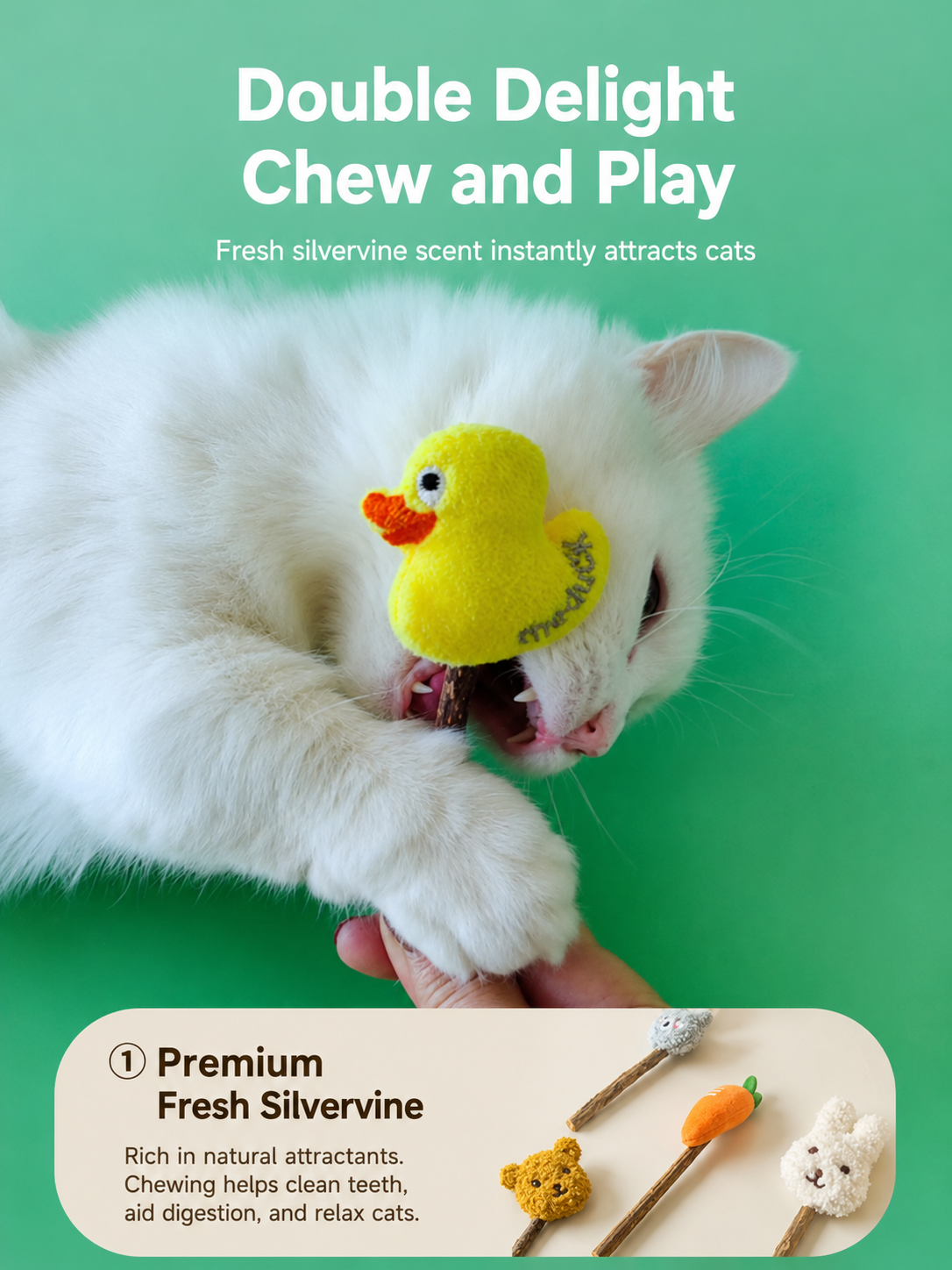 Silvervine Chew Stick Cat Toy with Plush Topper – Natural Dental Teaser (Bunny, Bear, Duck & More)